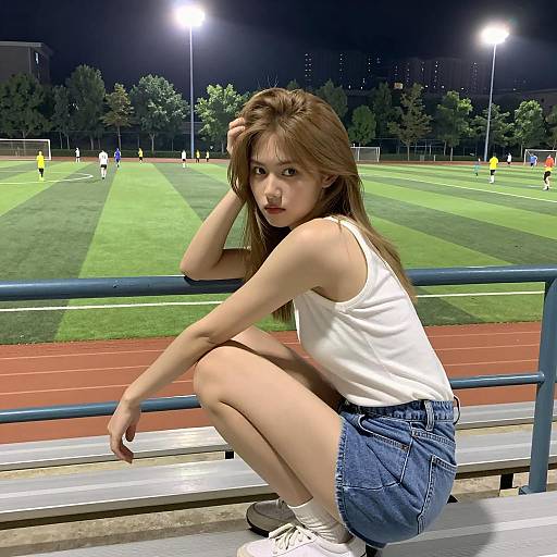 Young Woman on Bleachers at Night