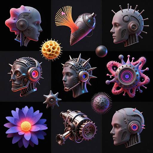 Cyberpunk Collage of Organic Mechanical Shapes