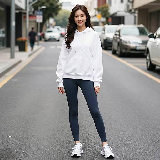 Photograph of an Asian woman with long black hair, wearing a white hoodie, black leggings, and white sneakers, standing confidently on a city street with