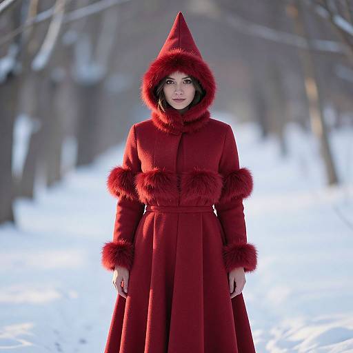 Photograph of a woman in a red, furry-hooded, long-sleeved coat standing in a snowy forest, with blurred trees in the