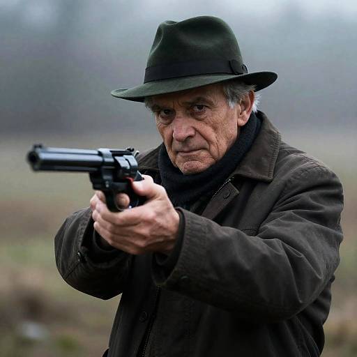 Elderly Man Aiming Revolver Outdoors
