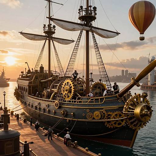 Steampunk Airship at Bustling Aerial Port