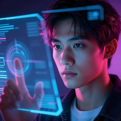 Photograph of an East Asian young man with short, dark hair, illuminated by neon blue and pink lights, pointing at a holographic interface with a