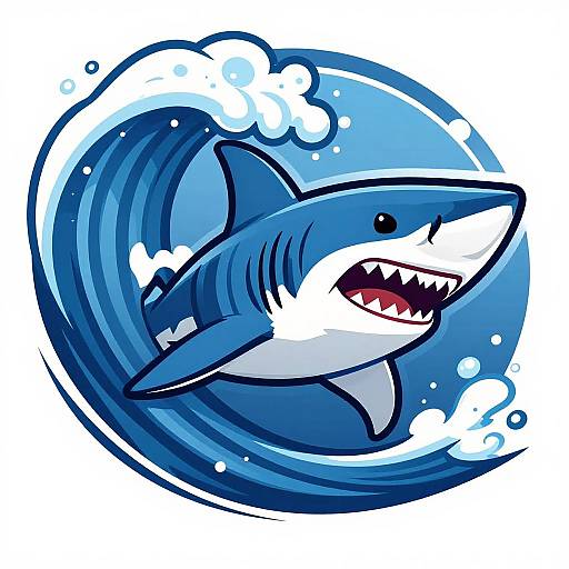 Digital illustration of a fierce blue and white cartoon shark with sharp teeth, leaping through a dynamic, curling ocean wave.