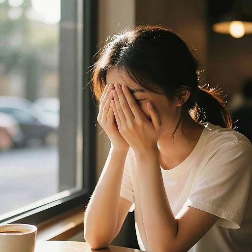 Photograph of a young woman with fair skin, brown hair in a ponytail, wearing a white t-shirt, covering her face with both hands,