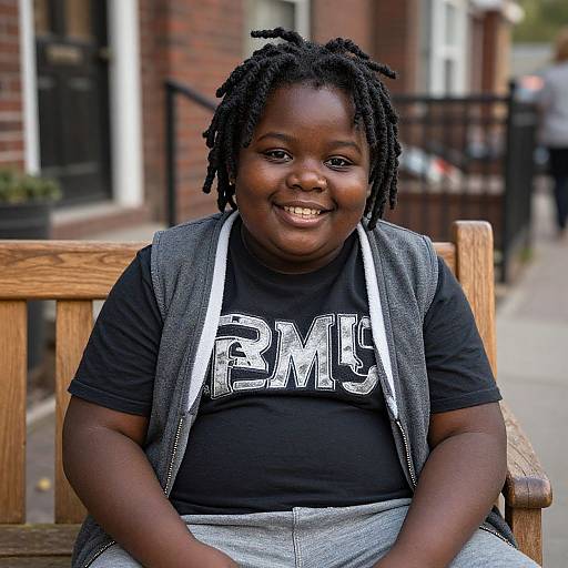 Photograph of a smiling young black boy with dreadlocks, wearing a black 