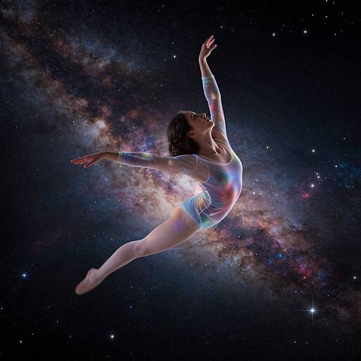 Photograph of a ballet dancer in a glowing blue leotard floating against a cosmic galaxy background, arms and legs gracefully extended.