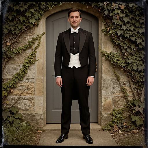 Photograph of a smiling man in a black tuxedo with white bow tie and waistcoat, standing in front of a ivy-covered stone door