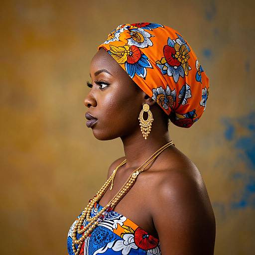 Photograph of a beautiful African woman with dark skin, wearing an orange floral headwrap, colorful strapless dress, gold earrings, and necklace, set