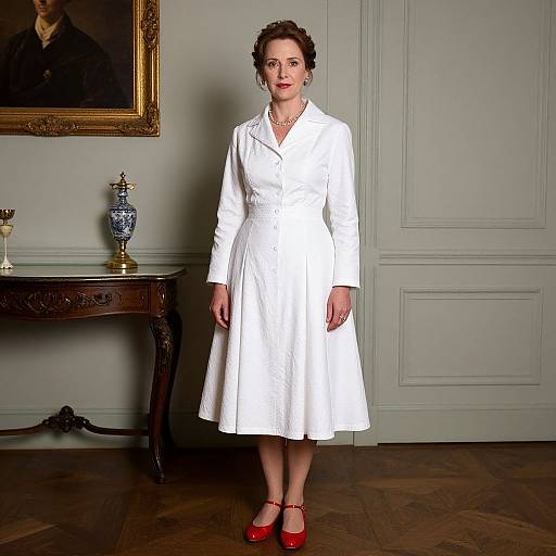Photograph of a woman in a white, knee-length, button-up dress with red shoes, standing in an elegant room with a wooden table, vase