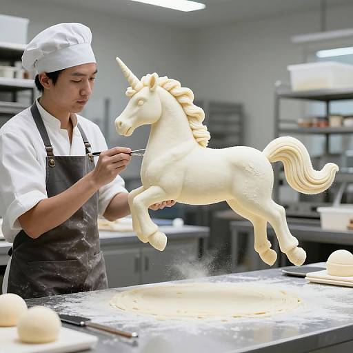 Photograph of an Asian male pastry chef in white uniform and black apron, meticulously sculpting a white unicorn cake on a kitchen counter.