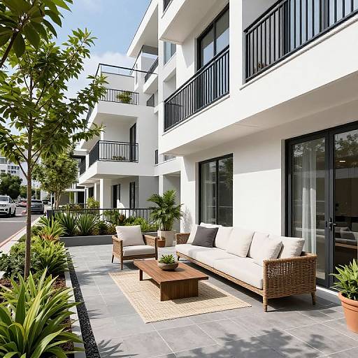 Photograph of a modern, white, multi-story apartment building with black railings, outdoor patio featuring beige sofa, wooden coffee table, and potted