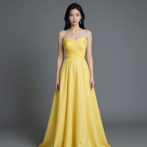 Photograph of an Asian woman with long black hair, wearing a strapless, bright yellow, full-length gown, standing against a gray background.