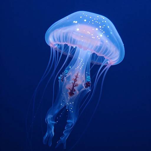 Photograph of a glowing, translucent blue jellyfish with white speckles, long, flowing tentacles, and small red and brown coral-like structures