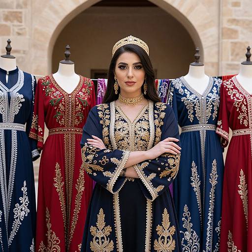 Photograph of a South Asian woman with dark hair, wearing an ornate black and gold traditional dress, standing in front of three mannequins