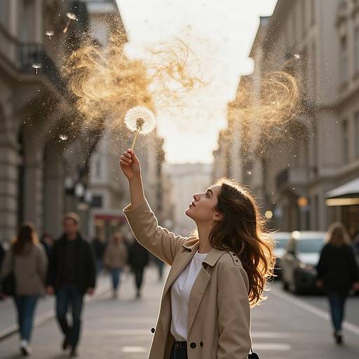 Photograph of a young woman with brown hair, wearing a beige coat, blowing a sparkler on a sunlit urban street.