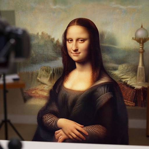 Photograph of a digital mashup featuring a modern woman with long dark hair, wearing a black dress, in front of Leonardo da Vinci's 