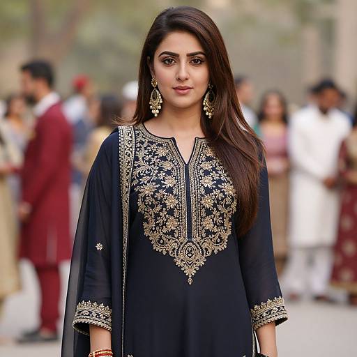Photograph of an Indian woman with long dark hair, wearing a black kameez with gold embroidery, large hoop earrings, standing in a blurred outdoor