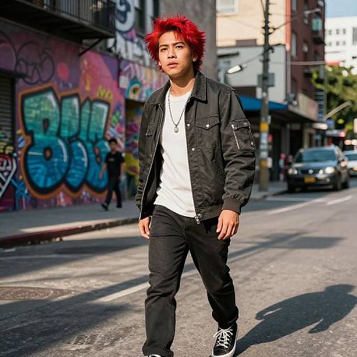 Photograph of an Asian man with bright red spiky hair, wearing a black jacket, white shirt, black pants, and white sneakers, walking down