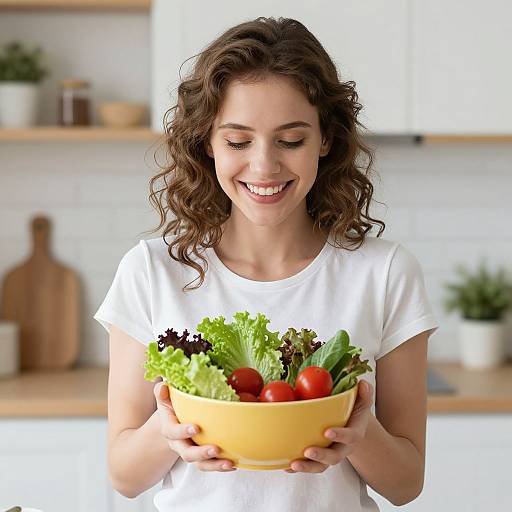 Photograph of a smiling, curly-haired woman in a white shirt, holding a yellow bowl of fresh green and red vegetables in a bright, modern kitchen