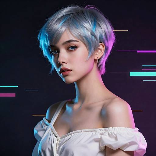 Silver-Blue Pixie Neo-Classical Glitch Portrait