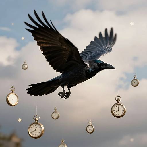Photograph of a black crow with outstretched wings flying amidst floating vintage clocks against a cloudy blue sky.