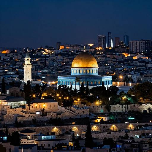 Photograph of a nighttime cityscape with a brightly lit, golden-domed mosque and illuminated minaret, surrounded by dark buildings and city lights.