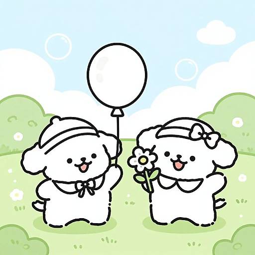 Cartoon drawing of two white dogs, one holding a balloon, the other with a flower, in a sunny, green field.