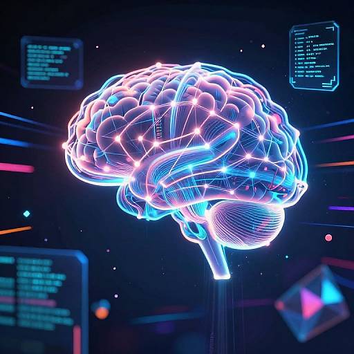 Neon-lit, digital CGI human brain hologram with glowing blue and pink lines, set against a futuristic, dark space with digital screens and colorful