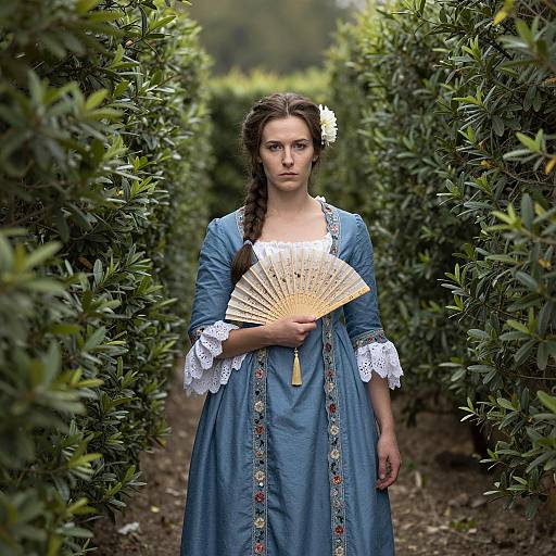 Woman in 18th Century Dress with Fan in Hedge Path