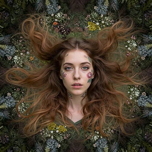 Digital artwork of a fair-skinned, blue-eyed woman with long, flowing brown hair, adorned with floral tattoos, surrounded by vibrant flowers and foliage.