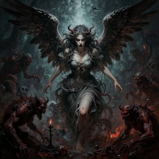 Digital painting of a dark, demonic angel with black wings, horns, flowing dark dress, surrounded by dark creatures, flames, and a candle, under