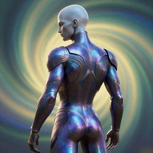 Iridescent Armored Figure in Colorful Swirl