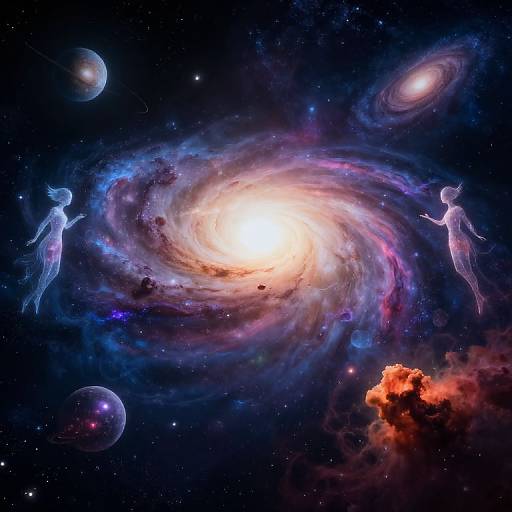 Digital art of a vibrant galaxy with a bright, swirling core, surrounded by ethereal, glowing human silhouettes and celestial bodies.