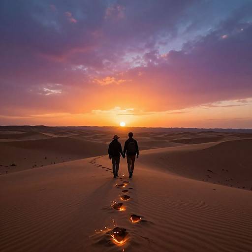 Silhouetted couple holding hands walks on sandy dunes with footprints leading to a vibrant sunset sky, blending orange, purple, and blue hues