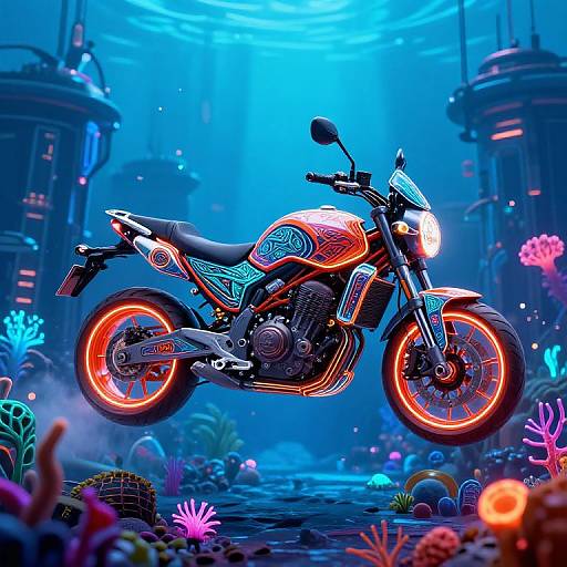 Bright neon motorcycle with glowing orange wheels and intricate patterns, suspended mid-air in a vibrant, underwater futuristic cityscape. Digital art.
