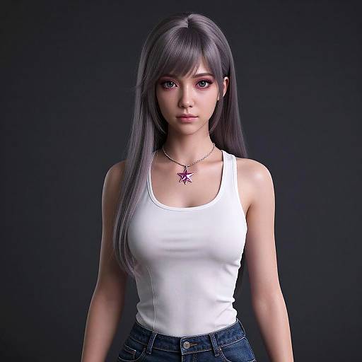 Digital 3D rendering of an Asian woman with long gray hair, wearing a white tank top, denim jeans, and a pink star necklace, against