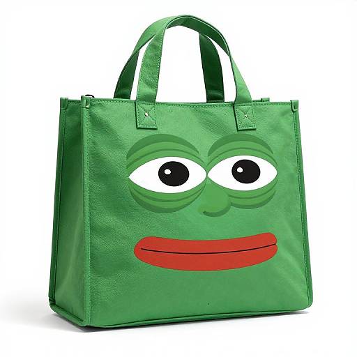 Photograph of a green leather tote bag with large white eyes and a red mouth, resembling a cartoon character, set against a plain white background.