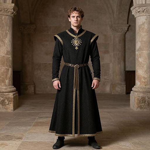 Photograph of a young man with curly brown hair, wearing a black medieval-style long gown with gold trim and a sun emblem, standing in a stone