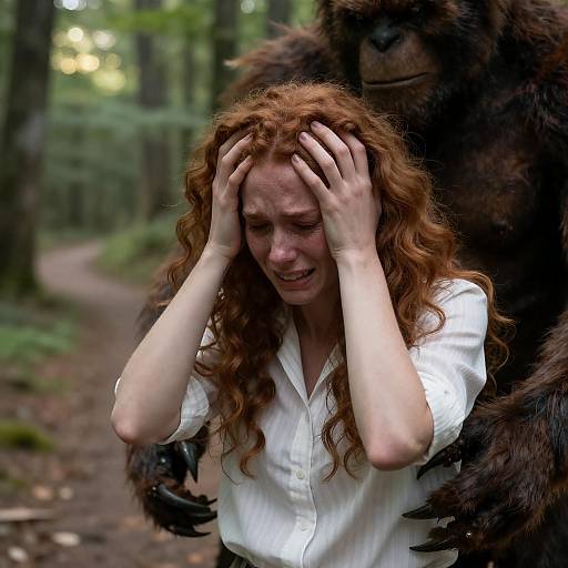 Crying Woman in Distressed Forest Scene