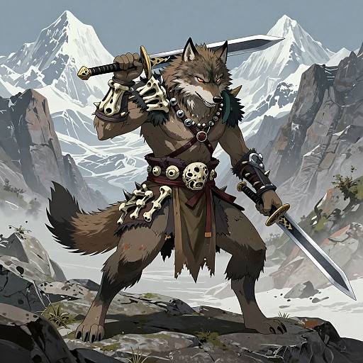 Digital art of a fierce, anthropomorphic wolf warrior with bones and skulls in armor, wielding swords, standing in a snowy mountain landscape.