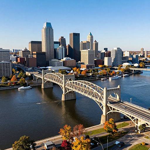 Photograph of a vibrant city skyline with tall buildings, a white arched bridge over a river, and autumn foliage.
