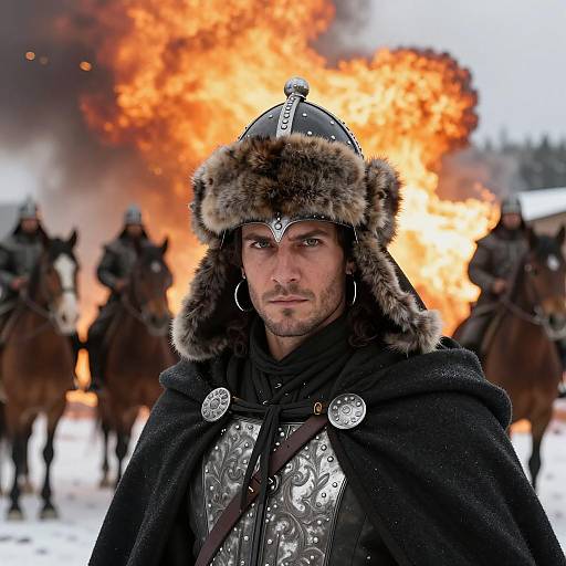 Intense Warrior Amidst Fiery Chaos