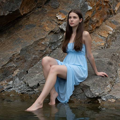 Photograph of a young woman with long brown hair, wearing a light blue, sleeveless, flowing dress, sitting on rocky shore with water, looking