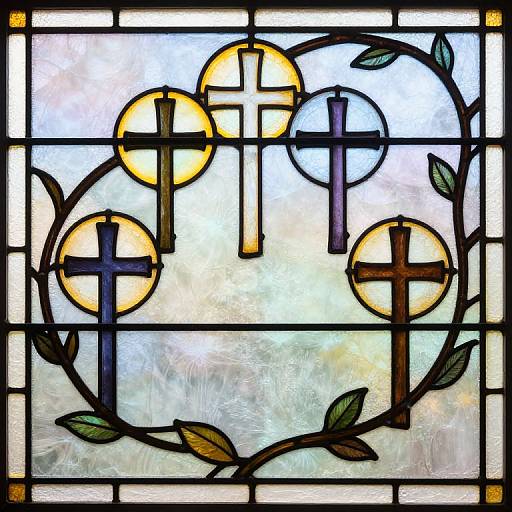 Stained glass window with three glowing crosses, two within circles and one standalone, surrounded by a vine with green leaves.