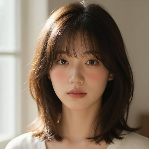 Photograph of a young East Asian woman with shoulder-length dark brown hair, fair skin, and soft brown eyes, softly lit by sunlight from the left