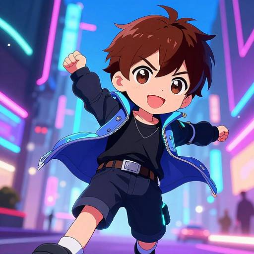 Anime-style drawing of a cute, brown-haired boy with large eyes, wearing a blue jacket, black shirt, and shorts, running energetically in