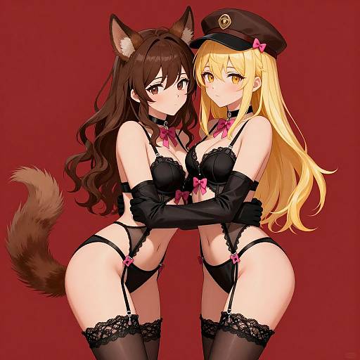 Anime-style digital illustration of two women in black lingerie and garter belts, one with brown hair and wolf ears, the other with blonde hair and a