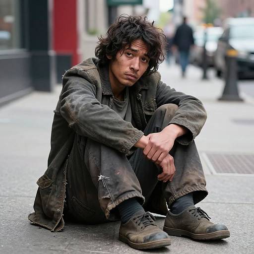 Photograph of a disheveled young man with messy black hair, wearing dirty green jacket and pants, sitting on a city sidewalk, looking tired and