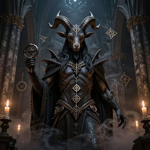 Dark, gothic digital art of a horned, anthropomorphic goat king in ornate black armor, holding a cross, standing in a misty